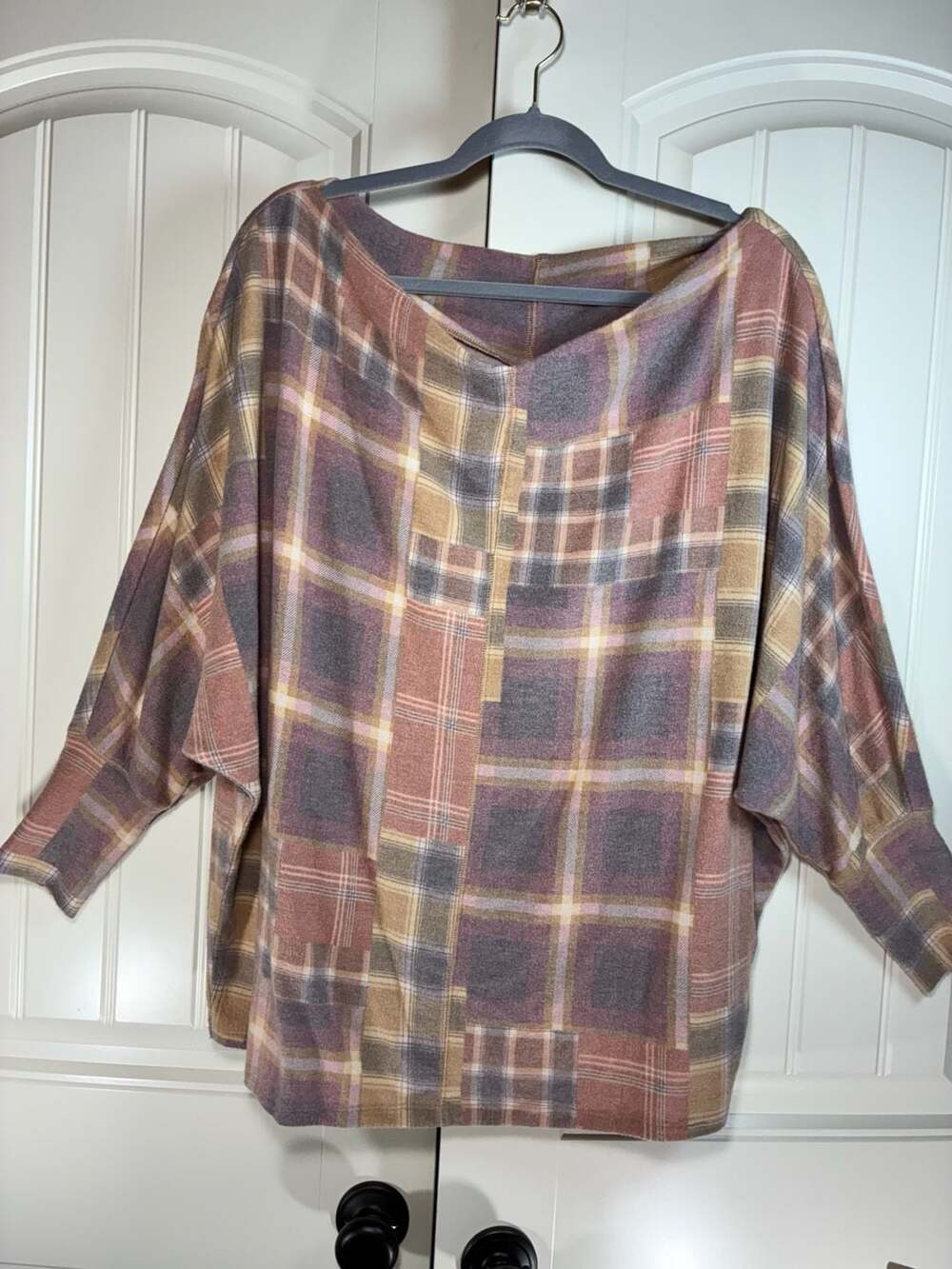 Cato Plaid Top Size L Multicolor Patchwork Boat Neck Pullover Blouse